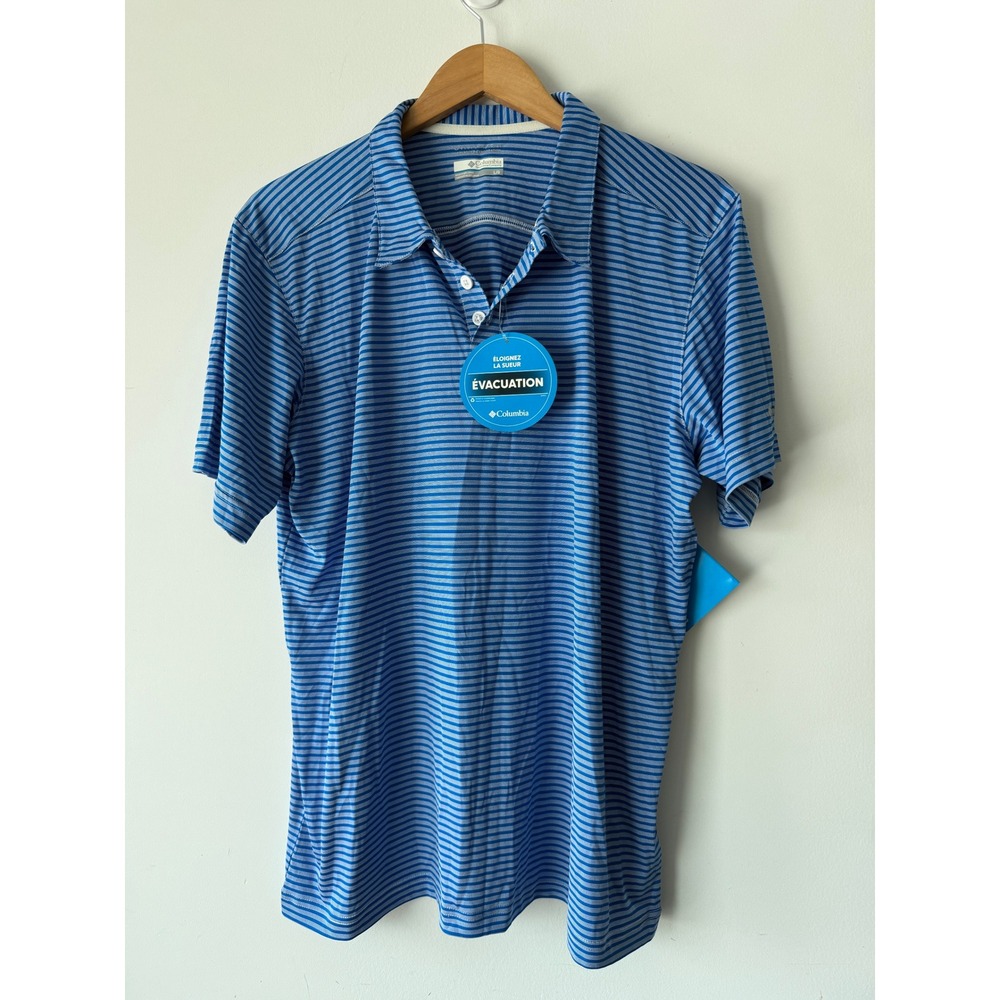 Columbia Goat Rocks Polo Mens Large Blue Striped Omni-Wick Shirt New NWT